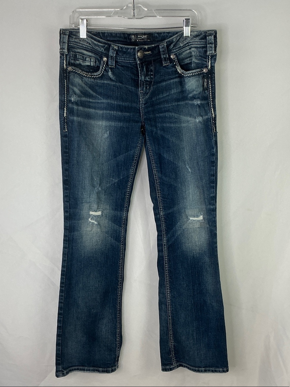 Silver Jeans Dark Blue Distressed Flare Jeans W32 L31